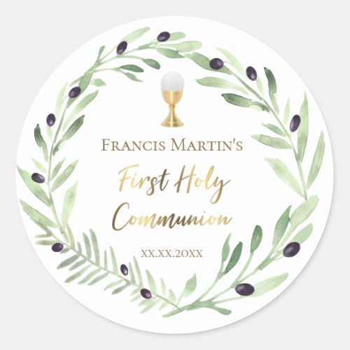 olive wreath First holy Communion Classic Round Sticker