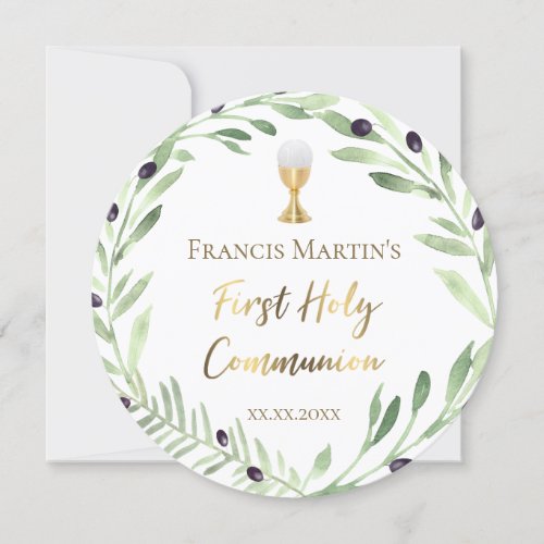 olive wreath First holy Communion Invitation