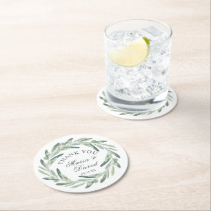 Olive Wreath Greenery Wedding Thank You Favor Round Paper Coaster