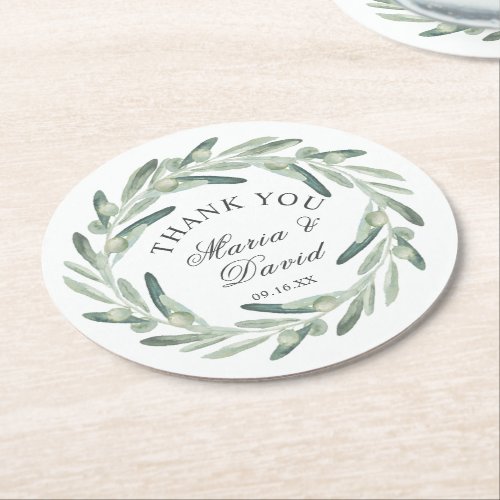 Olive Wreath Greenery Wedding Thank You Favor Round Paper Coaster