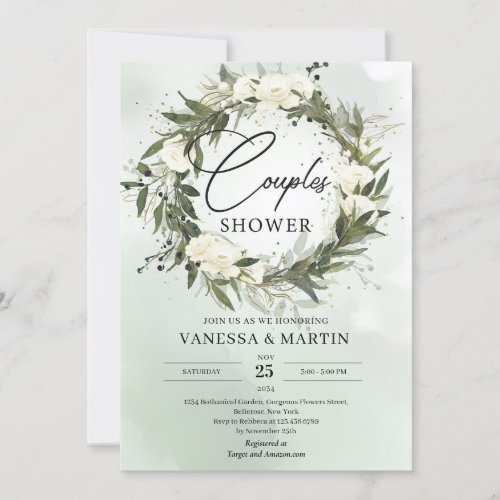 Olive wreath greenery white roses couples shower invitation