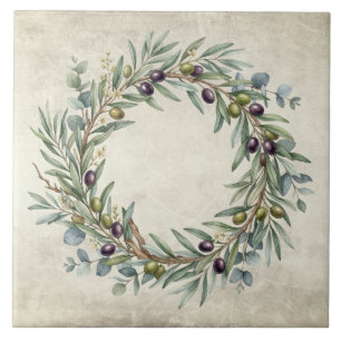 Olive Wreath Mediterrean Watercolors Rustic Ceramic Tile