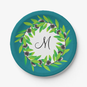 Olive Wreath Monogram Paper Plates