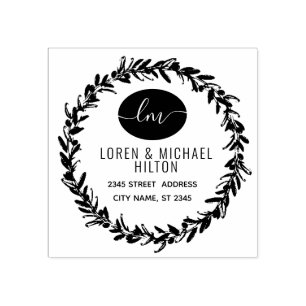Olive wreath monogram return address rubber stamp