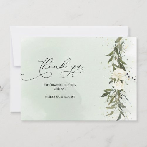 Olive Wreath White Roses Boho Baby Shower Thank You Card