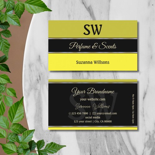 Olive Yellow Borders on Black Modern with Monogram Business Card