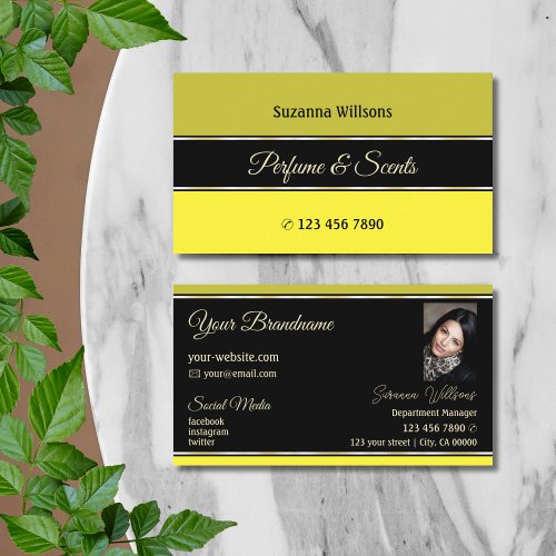 Olive Yellow Borders on Black Modern with Photo Business Card