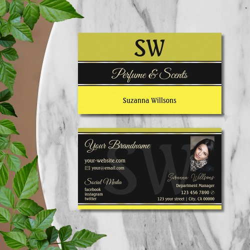 Olive Yellow Borders on Black Monogram and Photo Business Card