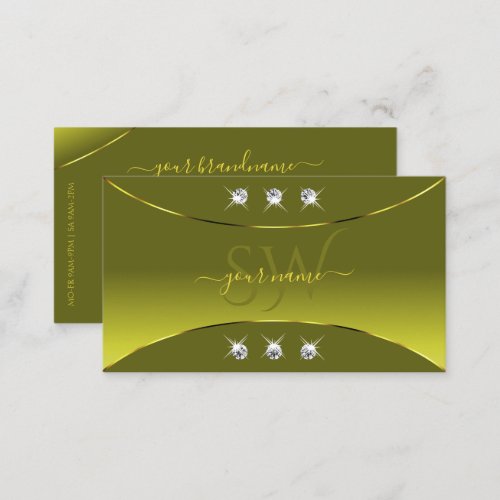 Olive Yellow with Gold Decor Diamonds and Monogram Business Card
