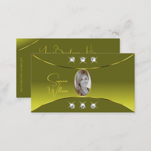 Olive Yellow with Gold Decor Diamonds and Photo Business Card