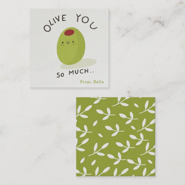 Olive you so much kids classroom Valentines Day Note Card (Front/Back)