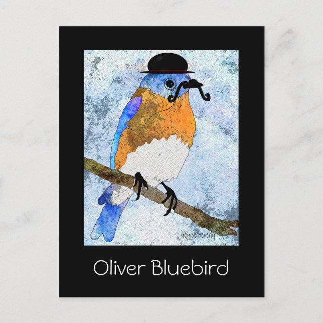 Oliver Bluebird with mustache, bowler postcards (Front)