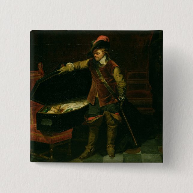 Oliver Cromwell  with the Coffin of Charles I Pinback Button (Front)