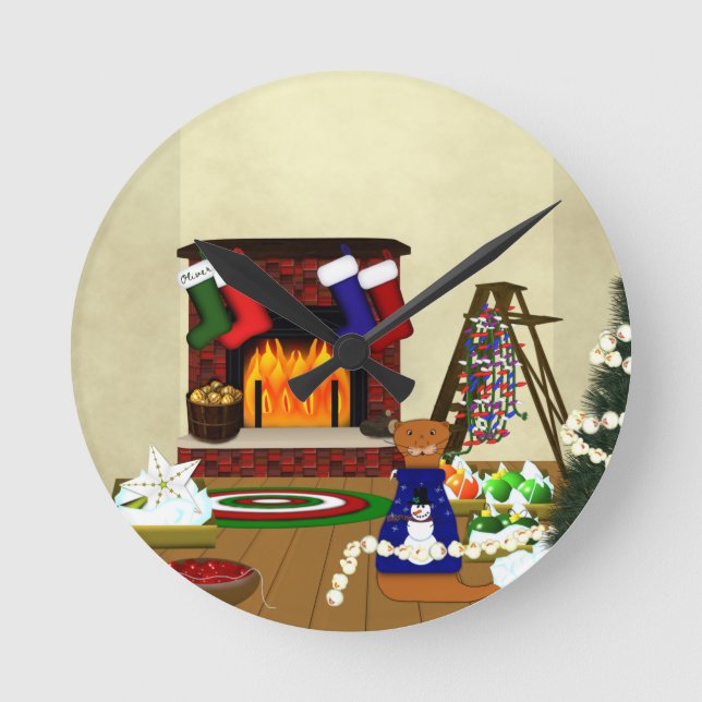 Oliver Decorates for Christmas Round Clock (Front)