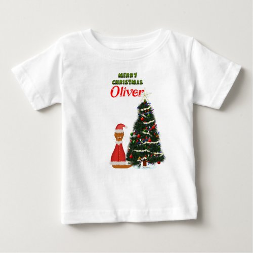 Oliver Dressed as Santa by His Christmas Tree Baby T_Shirt