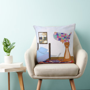 Oliver Loves To Travel-Bedroom, Map, and Postcard Throw Pillow