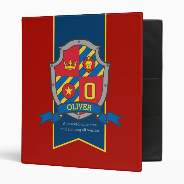Oliver name meaning knight shield red blue 3 ring binder (Front/Inside)
