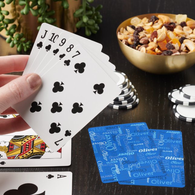 Oliver personalized name shades of blue  poker cards (In Situ)