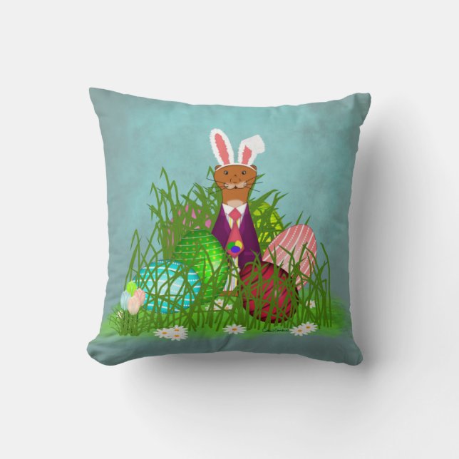 Oliver The Otter and the Great Easter Egg Hunt Throw Pillow (Front)