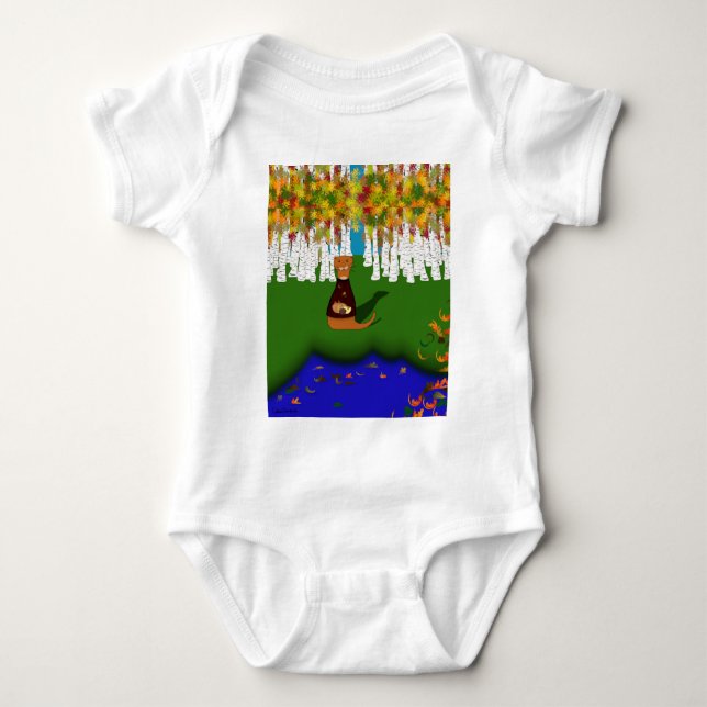 Oliver The Otter at River Wolf Lake in Autumn Baby Bodysuit (Front)