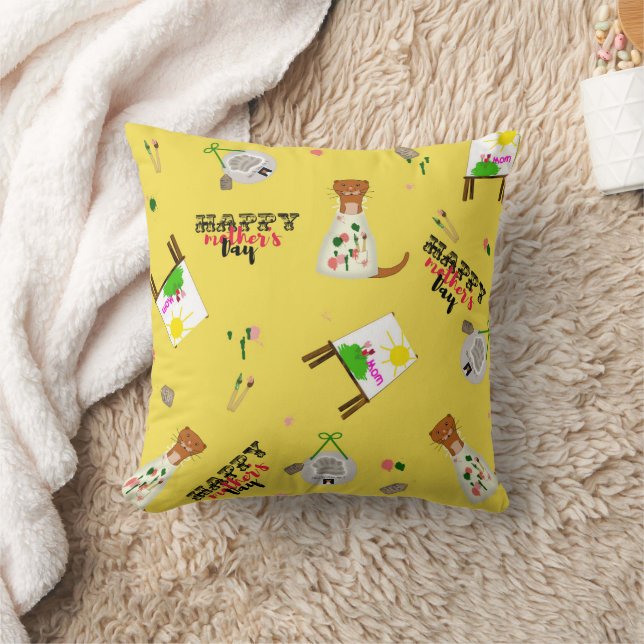 Oliver The Otter Mother's Day Pattern on yellow Throw Pillow (Blanket)