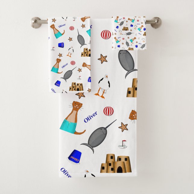 Oliver The Otter Summer Beach Vacation Pattern Bath Towel Set (Insitu)