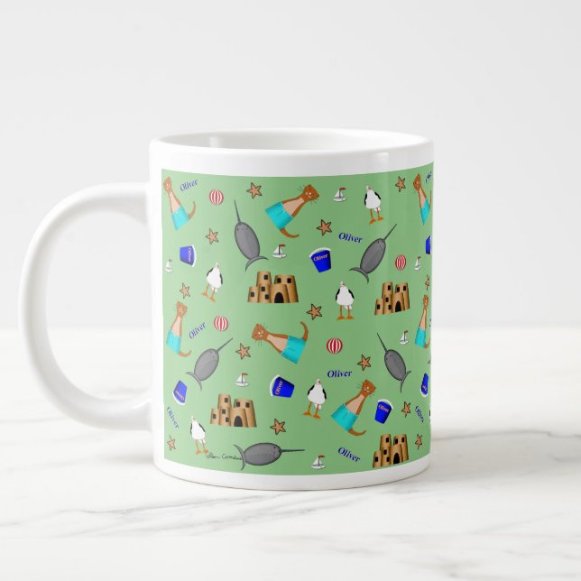 Oliver The Otter Summer Beach Vacation Pattern Giant Coffee Mug (Left)