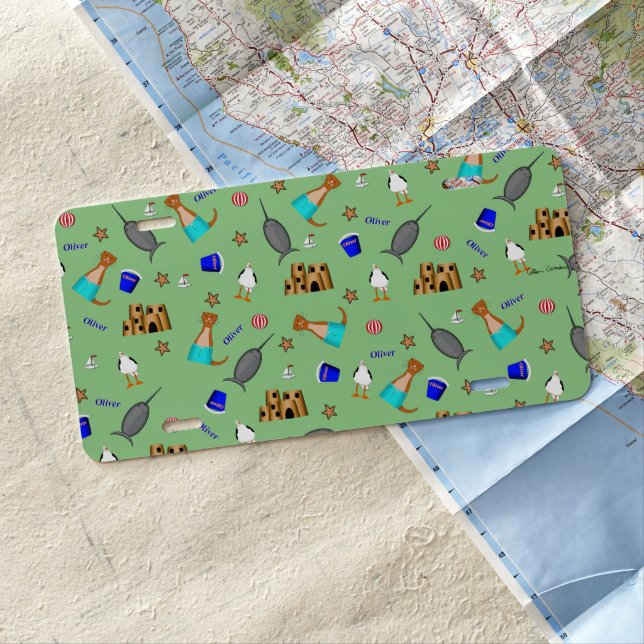 Oliver The Otter Summer Beach Vacation Pattern License Plate (In Situ)