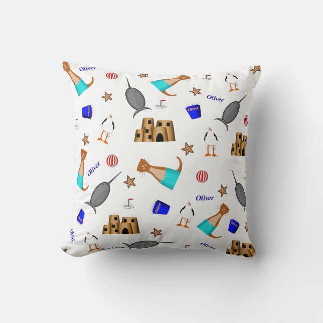 Oliver The Otter Summer Beach Vacation Pattern Throw Pillow (Front)