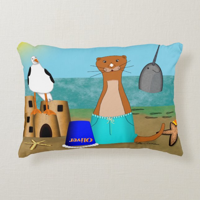 Oliver The Otter's Beach Vacation Accent Pillow (Front)