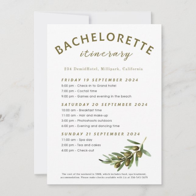 Olives Bachelorette itinerary  Invitation (Front)