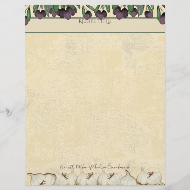 Olives garlic personalized recipe letterhead (Front)