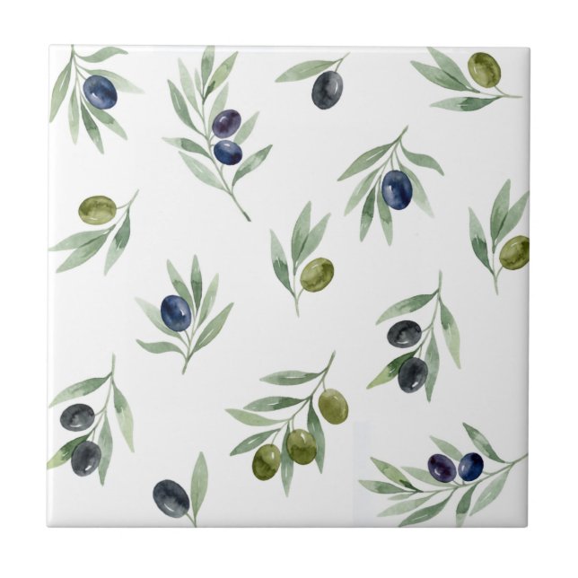 Olives Green Watercolor Botanical Chic Pattern Ceramic Tile (Front)