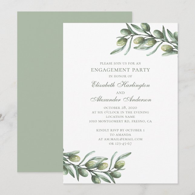 Olives. Italian engagement party. Summer botanical Invitation (Front/Back)