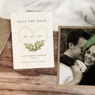 Olives & Leaves Geometric Heart Wedding Photo Save The Date