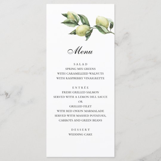 Olives menu. Italian wedding. Green dinner menu