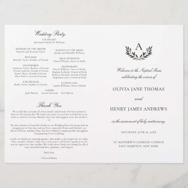 Olivia Black & White Catholic Wedding Mass Program (Front)
