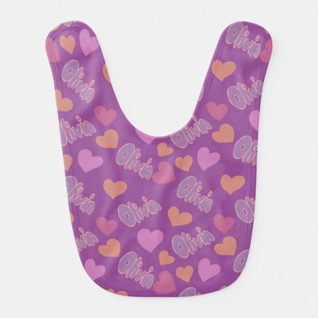 Olivia Bubble Letters with Hearts Baby Bib (Front)