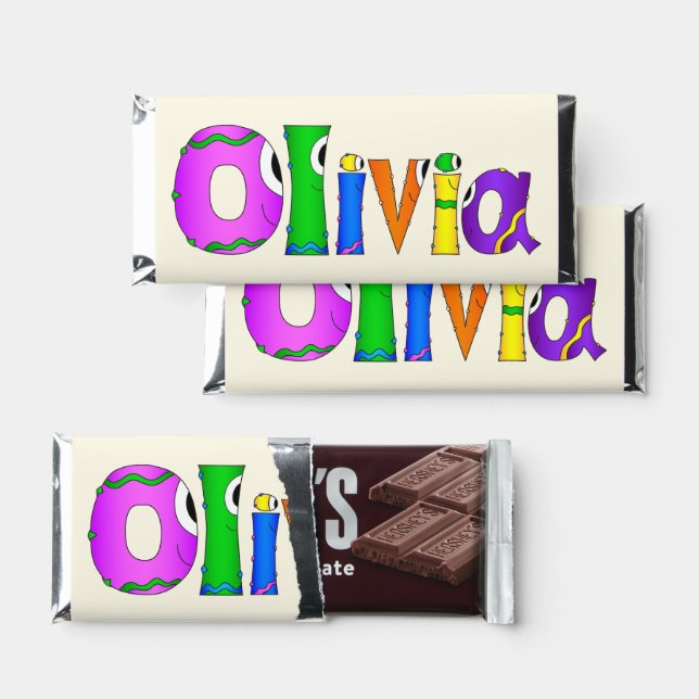 "Olivia" Cartoon Character Name Hershey Bar Favors (Front)