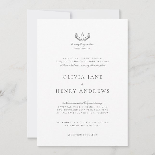 Olivia Classic Gray Monogram Catholic Wedding Invitation (Front)