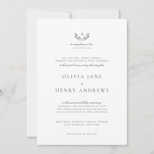 Olivia Classic Gray Monogram Catholic Wedding Invitation