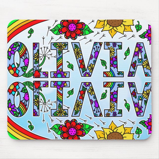 Olivia, Digital Folk Art Style Girl's Name Mouse P Mouse Pad (Front)