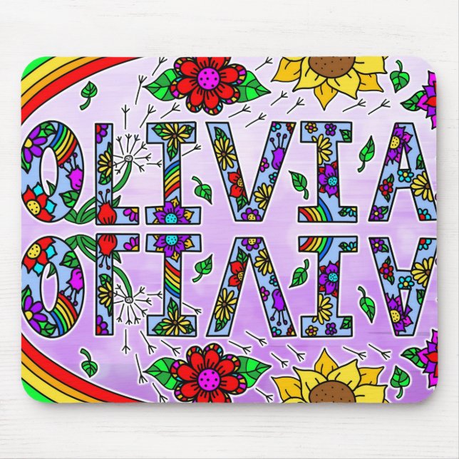 Olivia, Digital Folk Art Style Girl's Name Mouse Pad (Front)