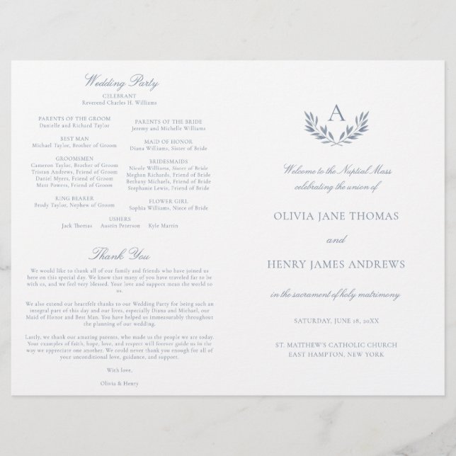 Olivia Dusty Blue Catholic Wedding Mass Program (Front)