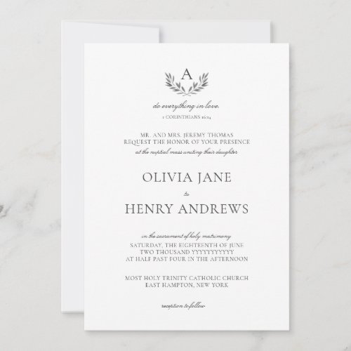 Olivia Elegant Gray Monogram Catholic Wedding Invitation