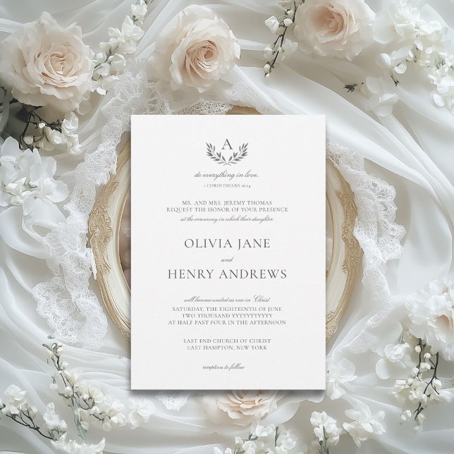 Olivia Elegant Gray Monogram Christian Wedding Invitation (The Olivia elegant wedding invitation gives you that gorgeous, fine art wedding look for less.)