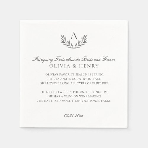 Olivia Elegant Gray Monogram Wedding Fun Facts Napkins