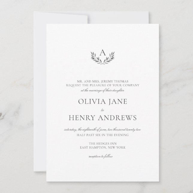 Olivia Elegant Simple Gray Monogram Wedding Invitation (Front)