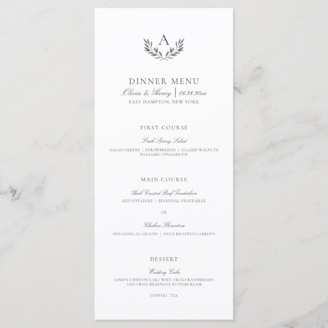 Olivia Elegant Simple Gray White Wedding Menu (Front)