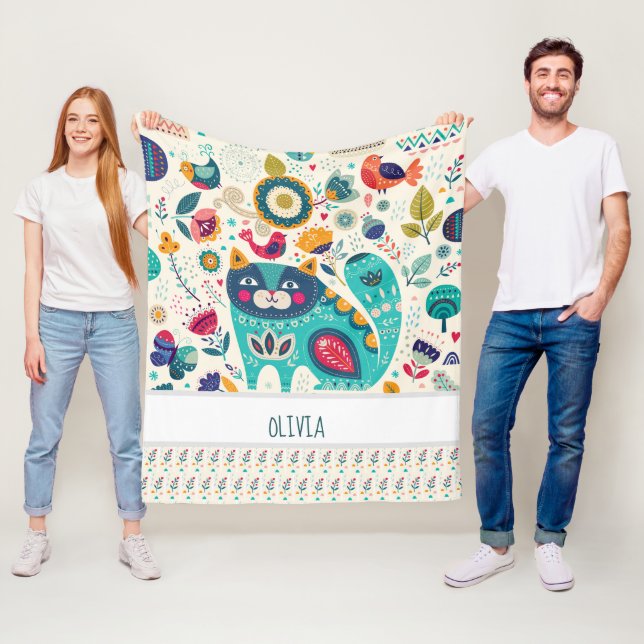 OLIVIA - Girls Name Gift - COZY Folk Art CAT Fleece Blanket (In Situ)